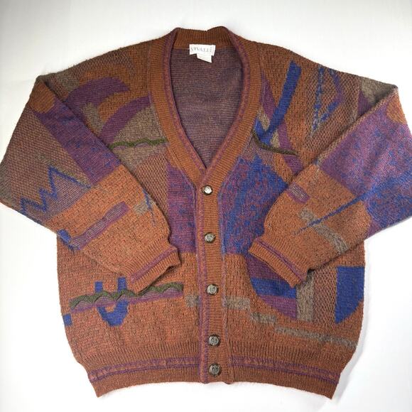 Vintage Vivaldi Cardigan Sweater Size L Abstract Coogi Style 80s Alpaca Italy - Picture 1 of 10
